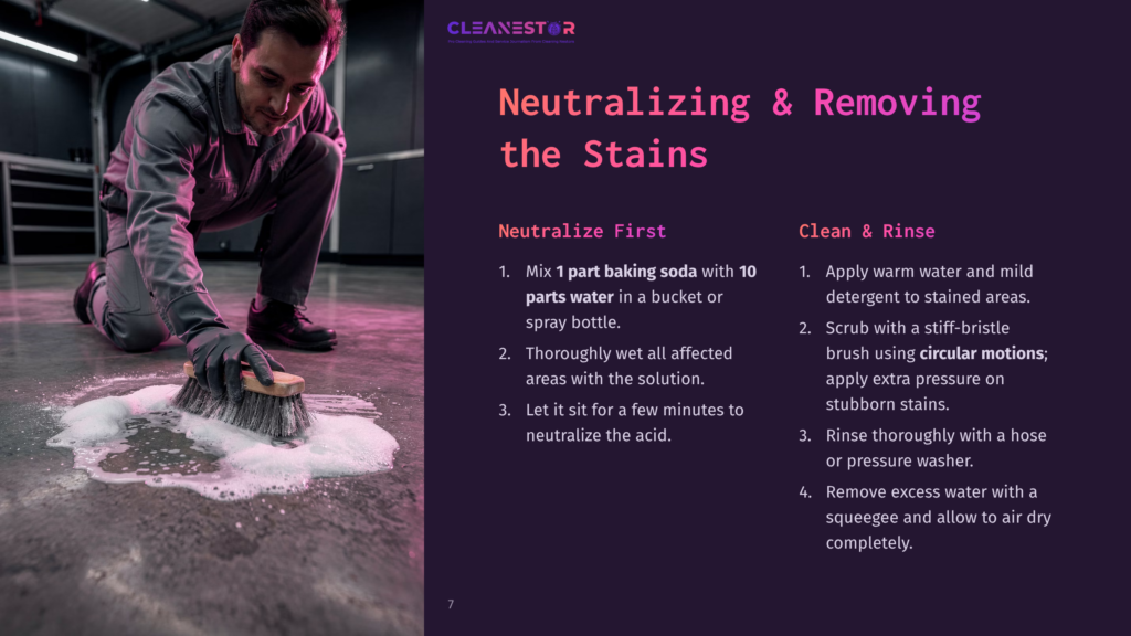 A Person Scrubbing A Garage Floor With A Brush, Removing White Residue From A Dark Surface, While A Bucket Sits Nearby.