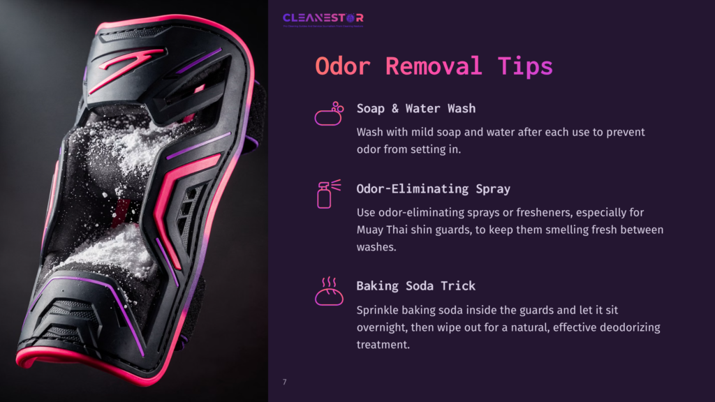 7 Odor Removal Tips Close-Up Of A Black And Pink Muay Thai Shin Guard Filled With White Baking Soda, With Text On The Right Detailing Odor Removal Tips: &Quot;Soap &Amp; Water Wash,&Quot; &Quot;Odor-Eliminating Spray,&Quot; And &Quot;Baking Soda Trick.