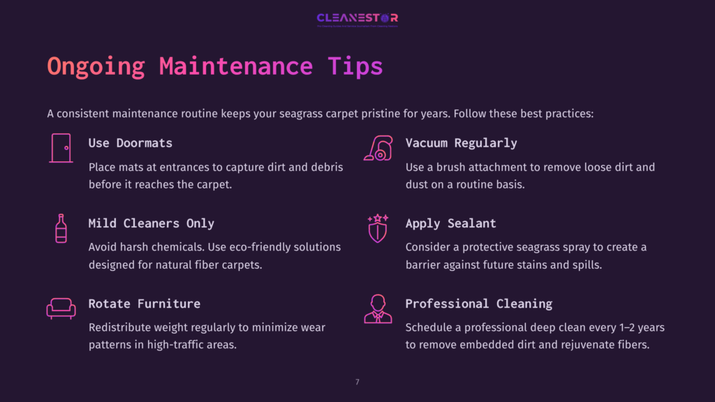 Text In Vibrant Purple And White Outlines Tips For Maintaining Seagrass Carpets, With Icons For Vacuuming, Cleaning, And Sealing.
