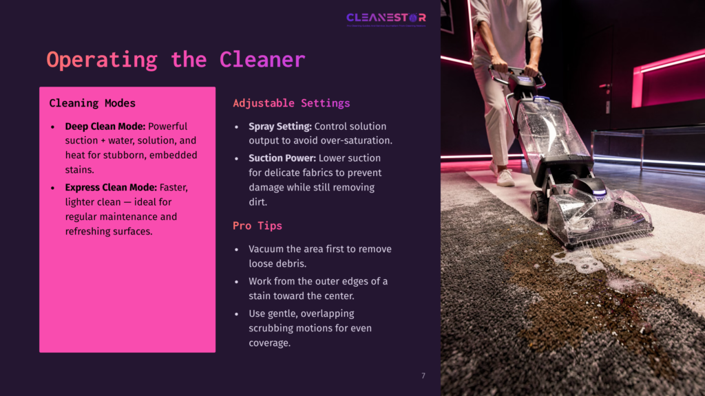 A Person Uses A &Quot;Cleanestor&Quot; Carpet Cleaner With Pink Accents On A Dirty Rug. The Machine Sprays Cleaning Solution, Leaving Wet, Dark Stains On The Carpet, Indicating A Cleaning Process. The Text &Quot;Operating The Cleaner&Quot; And &Quot;Cleaning Modes&Quot; Is Visible.