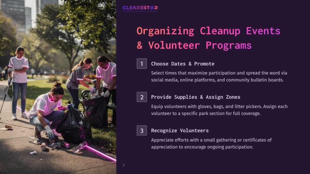 A Group Of Volunteers Wearing Pink Shirts Collects Garbage In A Park, With Trees And Cityscape In The Background, Under Evening Light.