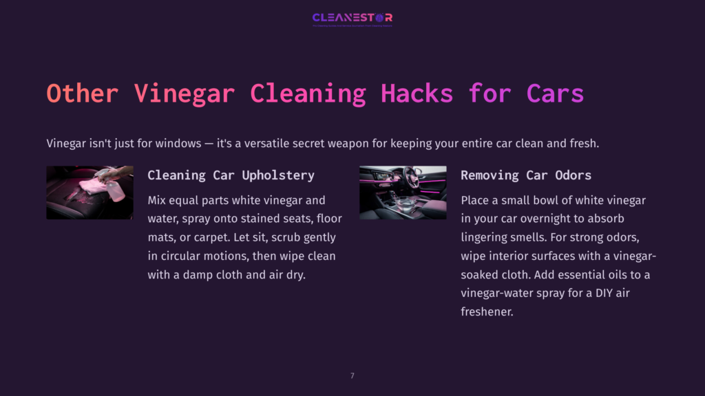 A Split Layout Features Cleaning Instructions For Car Upholstery And Removing Odors, With Vibrant Text And A Purple Background.
