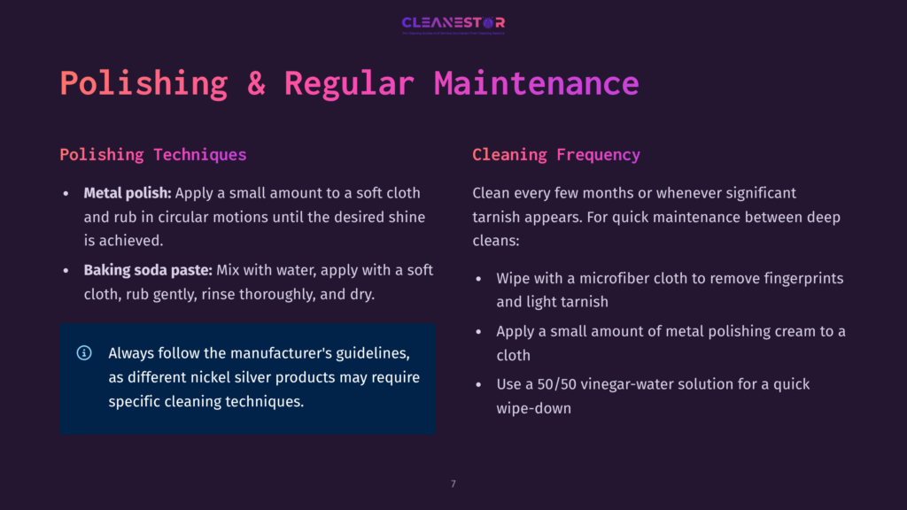 Cleanestor Logo At The Top Of A Dark Purple Slide With Text About Polishing And Cleaning Silver, Including &Quot;Polishing &Amp; Regular Maintenance,&Quot; &Quot;Polishing Techniques,&Quot; And &Quot;Cleaning Frequency.