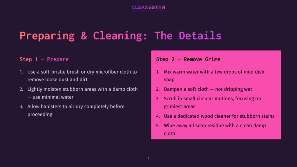Presentation Slide Titled &Quot;Preparing &Amp; Cleaning: The Details,&Quot; Outlining Two Steps: &Quot;Step 1 - Prepare&Quot; With Instructions For Dusting And Wiping, And &Quot;Step 2 - Remove Grime&Quot; With Steps For Washing And Scrubbing. The Slide Has A Dark Purple Background With Pink Highlights.