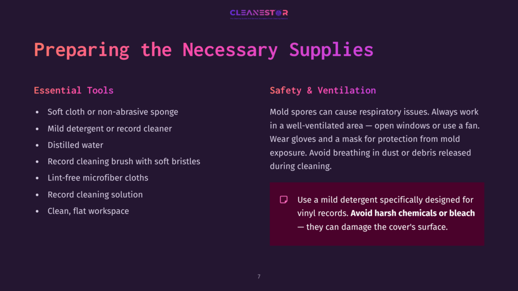 A List Of Essential Tools For Cleaning Vinyl Record Covers, Featuring A Soft Sponge, Cleaner, Brushes, Cloths, And A Cleaning Solution, Set Against A Purple Background.