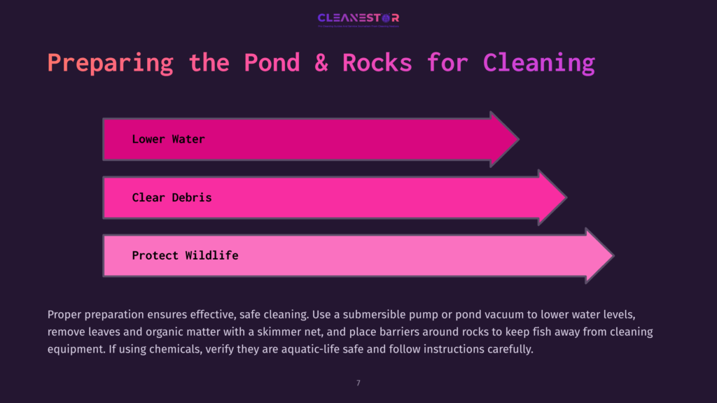 Three Pink Arrows On A Purple Background Highlight Pond Maintenance Steps: Lowering Water, Clearing Debris, And Protecting Wildlife.