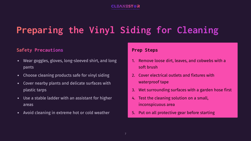 Text On A Dark Background With Pink Accents Outlines Safety Precautions And Prep Steps For Cleaning Vinyl Siding, Including Gear Recommendations.