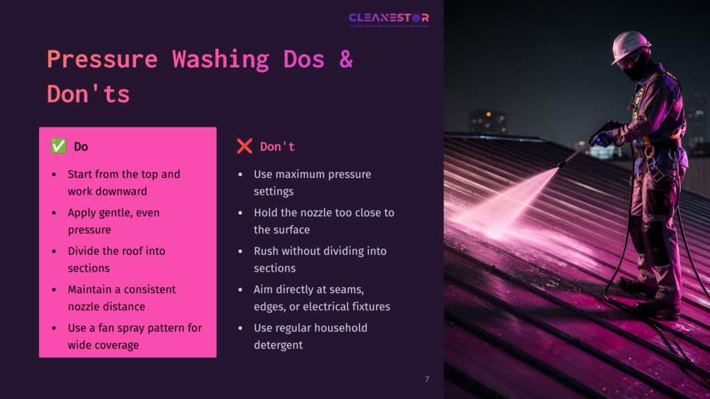 7 Pressure Washing Dos And Donts A Person In A Harness And Helmet Pressure Washes A Dark, Metallic Roof At Night, Illuminated By Purple And Pink Lights. The Text &Quot;Cleanestar&Quot; And &Quot;Pressure Washing Dos &Amp; Don'Ts&Quot; Is Visible.