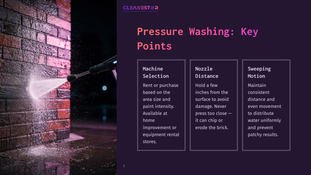 A Pressure Washer Cleaning A Brick Wall, With Water Spray Visible. Text Highlights Key Points On Machine Selection And Technique.