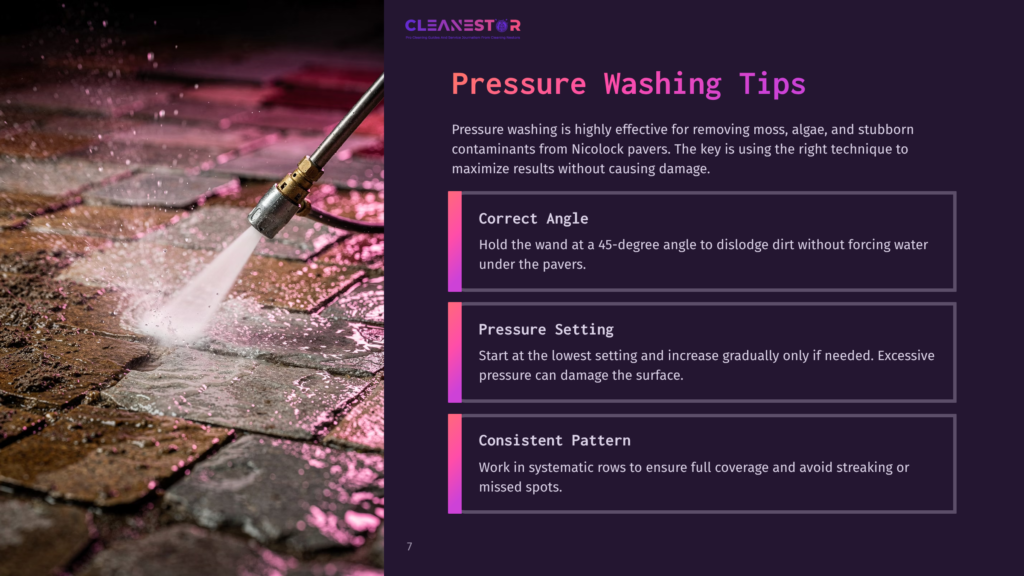 Close-Up Of A Pressure Washer Spraying Water On A Textured, Dark Grey Paver Patio With Pink And Purple Lighting. The Cleanestor Logo Is Visible In The Top Left Corner.