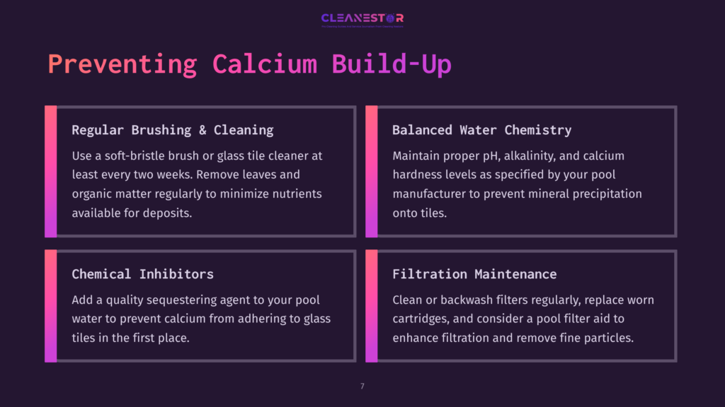 Illustration Featuring A Dark Background With Bright Text Boxes Outlining Tips To Prevent Calcium Build-Up On Pool Tiles, Including Cleaning Methods.