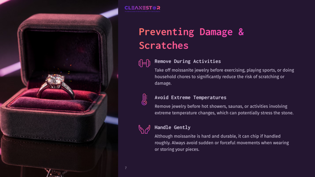 7 Preventing Damage And Scratches A Sparkling Moissanite Ring Displayed In A Plush Black Jewelry Box, With A Soft Purple Background And Text Highlighting Care Tips.