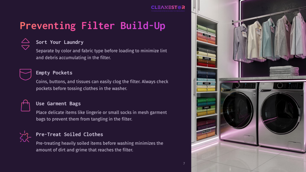 A Modern Laundry Room With Two Sleek Silver Washing Machines And A Dryer, Featuring A Wall Of Colorful Laundry Detergent Bottles And Neatly Folded Clothes. Text Overlays Provide Tips For Preventing Filter Build-Up.