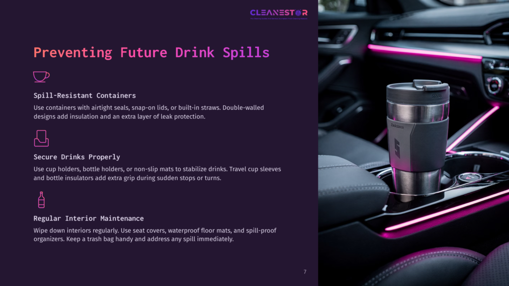 A Stainless Steel Travel Mug Sits In A Car'S Console, Surrounded By Soft Purple Lighting, With A Clean, Modern Interior Design.