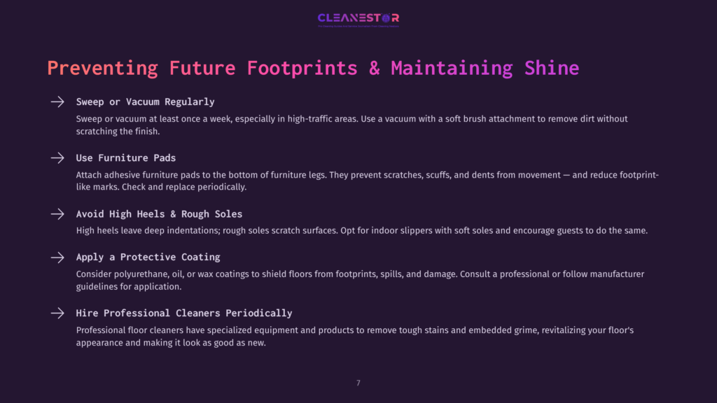A Text Slide With Purple And White Font Detailing Tips For Maintaining Hardwood Floors And Preventing Footprints, Featuring A Clean Layout.