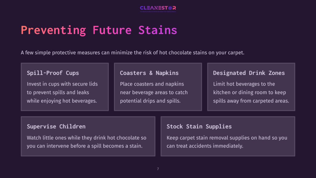 Text On A Dark Purple Background Discusses Tips To Prevent Hot Chocolate Stains, Featuring Sections With Headers, Bullet Points, And Icons.
