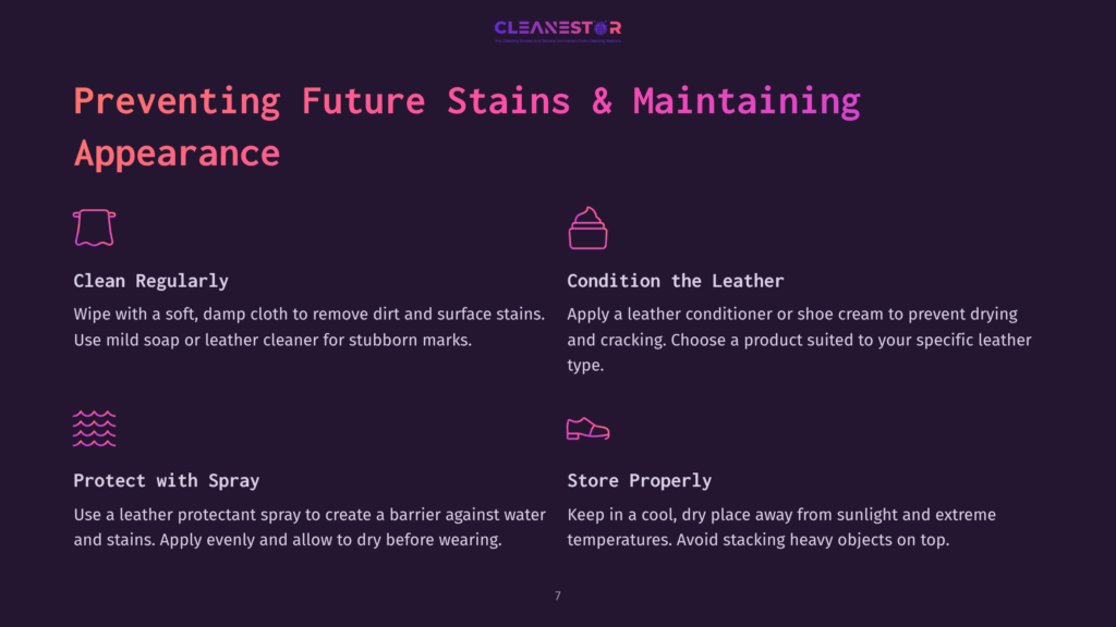 Infographic With Four Tips For Preventing Future Stains And Maintaining Leather Appearance: Clean Regularly, Condition The Leather, Protect With Spray, And Store Properly. Text Includes Instructions For Each Tip.