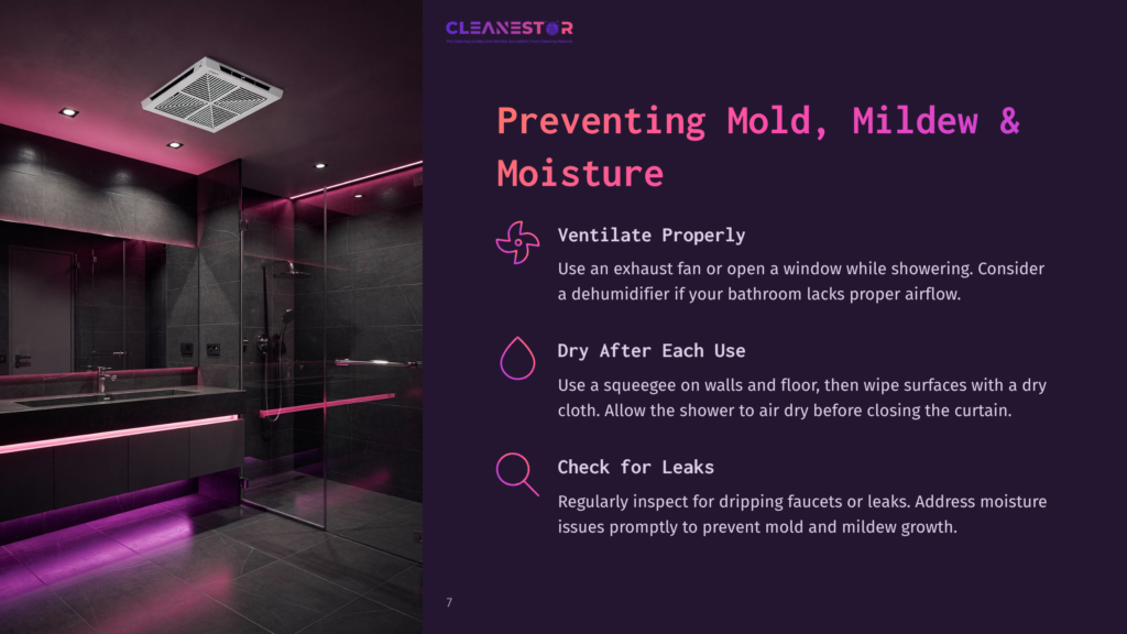 7 Preventing Mold Mildew And Moisture Modern Bathroom With A Dark Color Scheme, Featuring A Shower Area Illuminated By Pink Lights, And Tips For Preventing Mold And Moisture.
