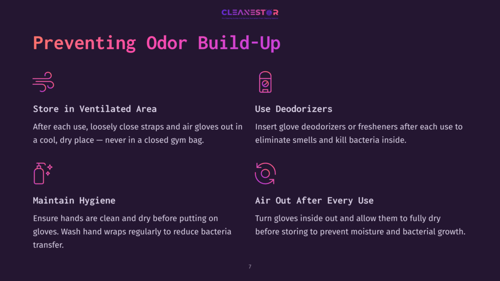 Preventing Odor Build-Up: Store In Ventilated Area, Use Deodorizers, Maintain Hygiene, And Air Out After Every Use. Includes Icons For Ventilation, Spray Bottle, And Hand Washing.