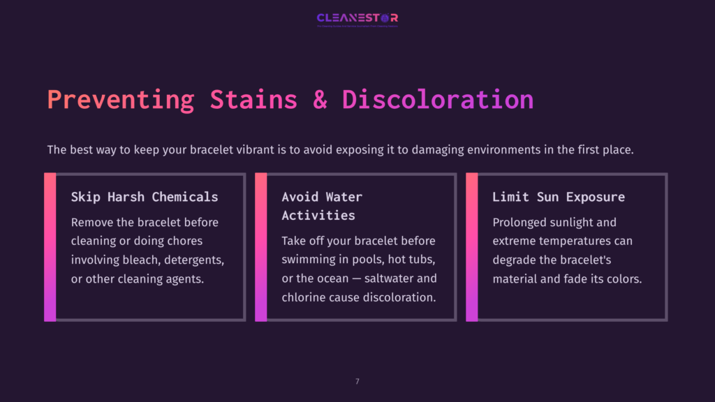 A Dark Background Features Three Colorful Boxes With Text Instructions On Maintaining Bracelet Vibrancy, Including Avoiding Chemicals And Sunlight.