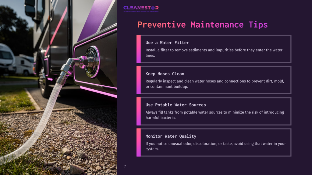 A Close-Up Of A Water Hose Connected To An Rv, With A Purple And Black Stripe On The Side Of The Vehicle. Text On The Right Reads &Quot;Cleanestor Preventive Maintenance Tips&Quot; And Lists Tips For Water Filters, Hoses, Sources, And Quality.