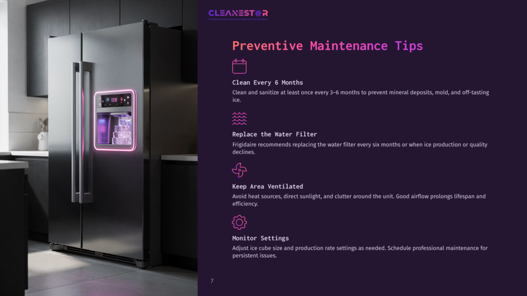 A Modern Stainless Steel Refrigerator With A Glowing Purple Ice Dispenser Stands In A Dimly Lit Kitchen. Text Overlays Provide &Quot;Cleanestor Preventive Maintenance Tips&Quot; And Advice On Cleaning, Water Filter Replacement, Area Ventilation, And Monitoring Settings.