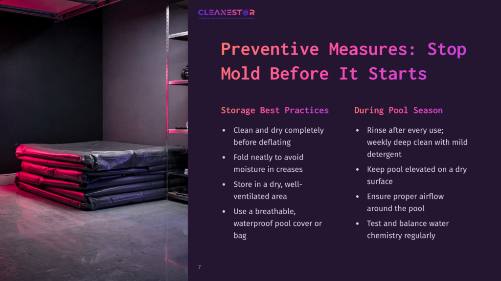 7 Preventive Measures Stop Mold Before It Starts A Stack Of Folded, Dark Blue Pool Covers Rests On The Floor Of A Dimly Lit Storage Room, With Shelves Visible In The Background. The Text &Quot;Cleanestor&Quot; And &Quot;Preventive Measures: Stop Mold Before It Starts&Quot; Is Overlaid On The Image.