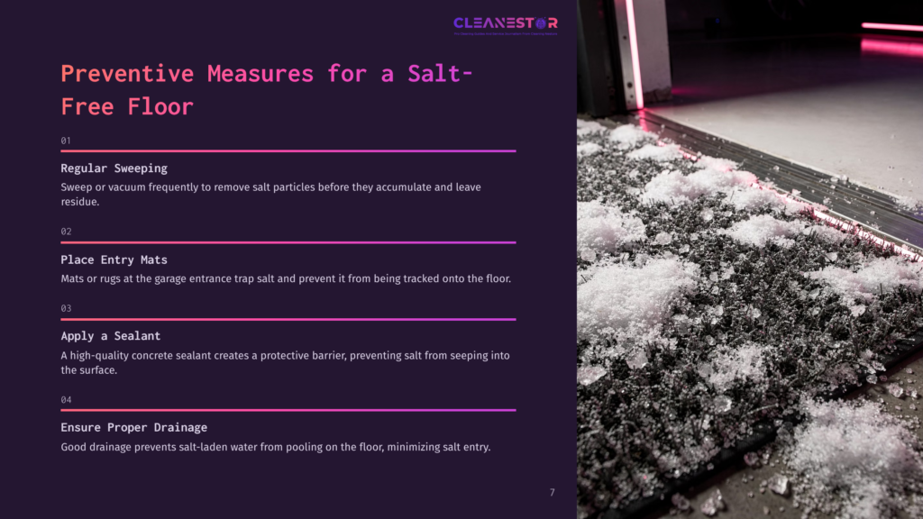 7 Preventive Measures For A Salt Free Floor A Close-Up Of A Garage Floor Covered With Salt Crystals, Next To A Scrub Brush And A Pink-Lit Door, Illustrating Cleaning Tips.