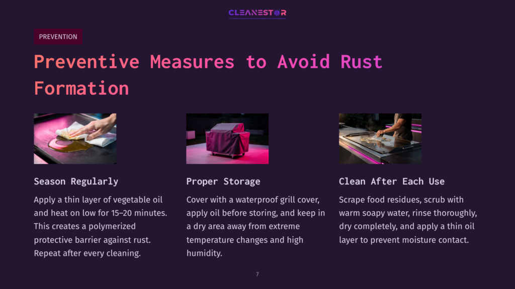 Visual Guide With Steps On Rust Prevention For Griddle Grills: Oiling, Covering, And Cleaning Tips, Highlighted In Dark Tones With Vibrant Accents.