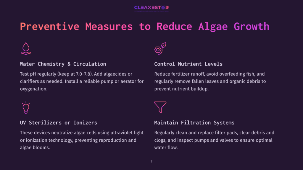 Text On A Dark Background Outlines Preventive Measures Against Algae Growth, Featuring Bullet Points In White And Vibrant Colors.