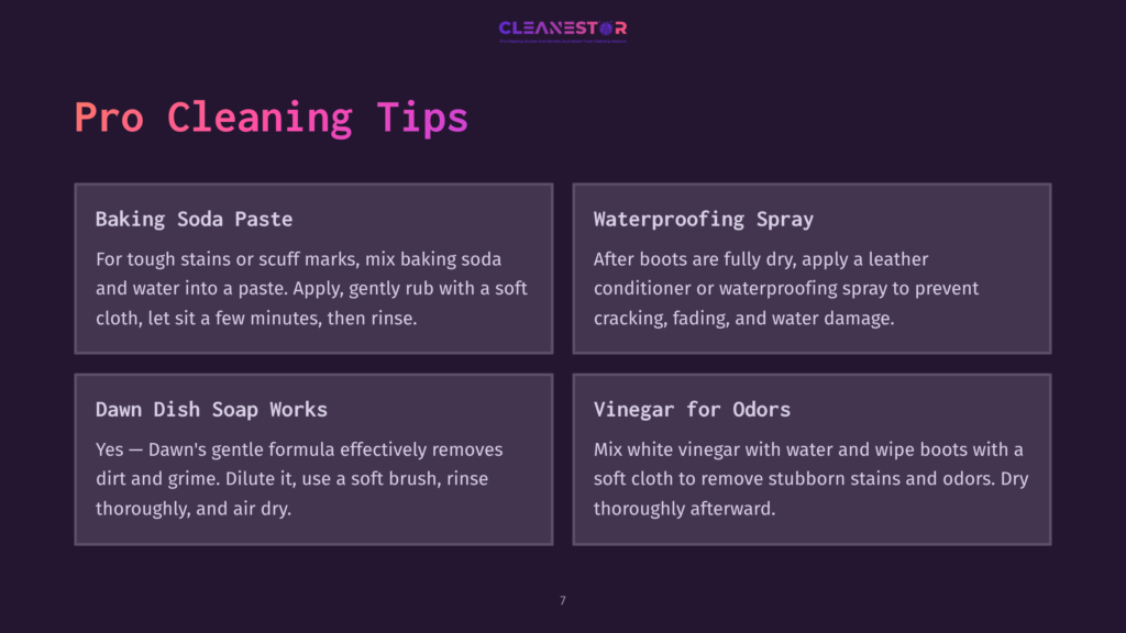 7 Pro Cleaning Tips Infographic With &Quot;Pro Cleaning Tips&Quot; Title And Four Sections: Baking Soda Paste, Waterproofing Spray, Dawn Dish Soap Works, And Vinegar For Odors, With Brief Instructions For Each.