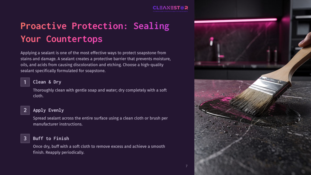 7 Proactive Protection Sealing Your Countertops A Close-Up Of A Soapstone Countertop Being Cleaned, Featuring A Brush And Water Droplets, With Vibrant Pink Lighting In The Background.