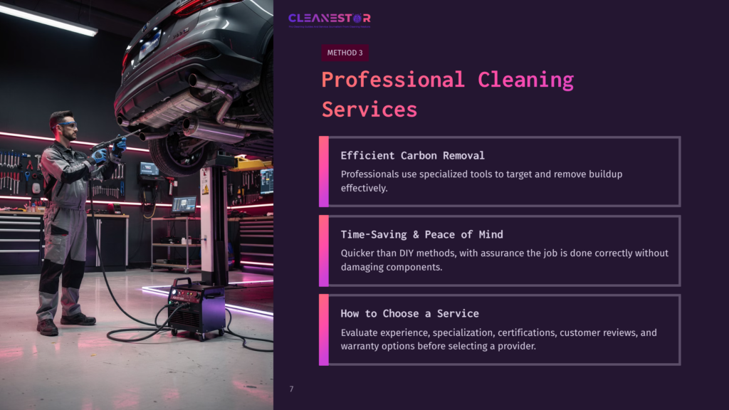 7 Professional Cleaning Services 1 A Professional Cleaner In A Grey Jumpsuit Uses A High-Pressure Cleaning Tool On The Undercarriage Of A Car In A Modern, Well-Lit Garage. The Text &Quot;Cleanestor&Quot; And &Quot;Professional Cleaning Services&Quot; Is Visible.