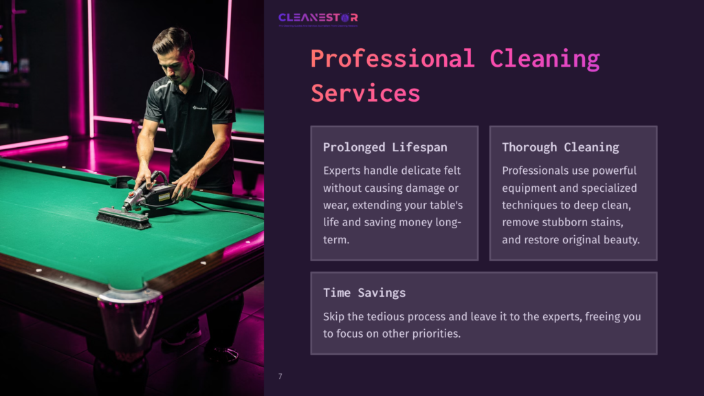 Man Using A Professional Cleaning Machine On A Green Billiard Table, With Text Overlay Promoting &Quot;Professional Cleaning Services&Quot; With Options Like &Quot;Prolonged Lifespan&Quot; And &Quot;Thorough Cleaning&Quot;.