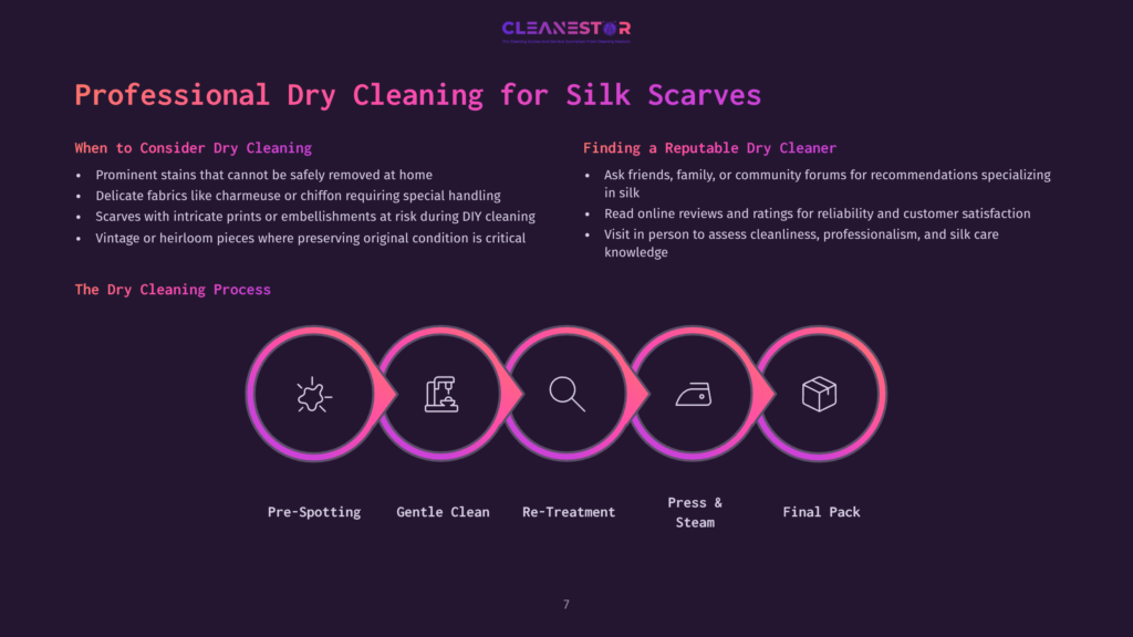 Flowchart Outlining The Silk Scarf Cleaning Process, Featuring Steps Like Pre-Spotting, Gentle Clean, Re-Treatment, Press &Amp; Steam, And Final Pack, On A Dark Background With Purple And White Text.