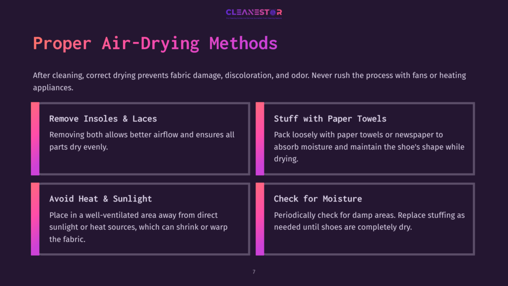 7 Proper Air Drying Methods Infographic Titled &Quot;Proper Air-Drying Methods&Quot; With Four Panels: Remove Insoles &Amp; Laces, Stuff With Paper Towels, Avoid Heat &Amp; Sunlight, And Check For Moisture.