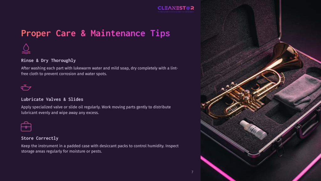 7 Proper Care And Maintenance Tips A Golden Trumpet Rests In A Black, Padded Case, Alongside A Small Bottle Of Valve Oil And A Gray Cloth. The Case Lid Is Open, Revealing Cleaning And Maintenance Tips For Brass Instruments.