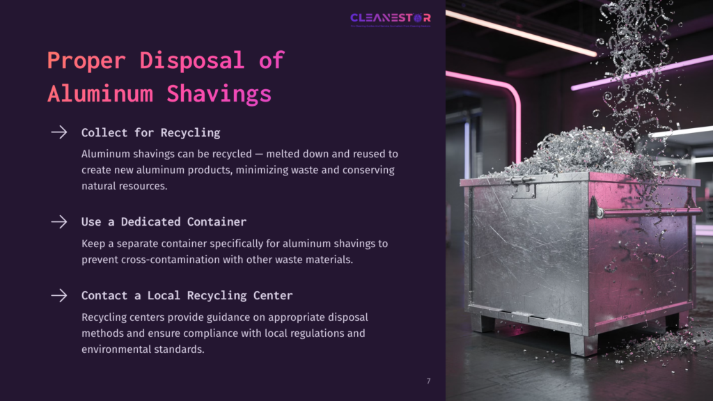 Aluminum Shavings Cascade Into A Large Metal Dumpster, Illustrating Proper Disposal And Recycling Of Aluminum Scrap. The Scene Is Set Against A Dark, Industrial Background With Purple Neon Lighting.