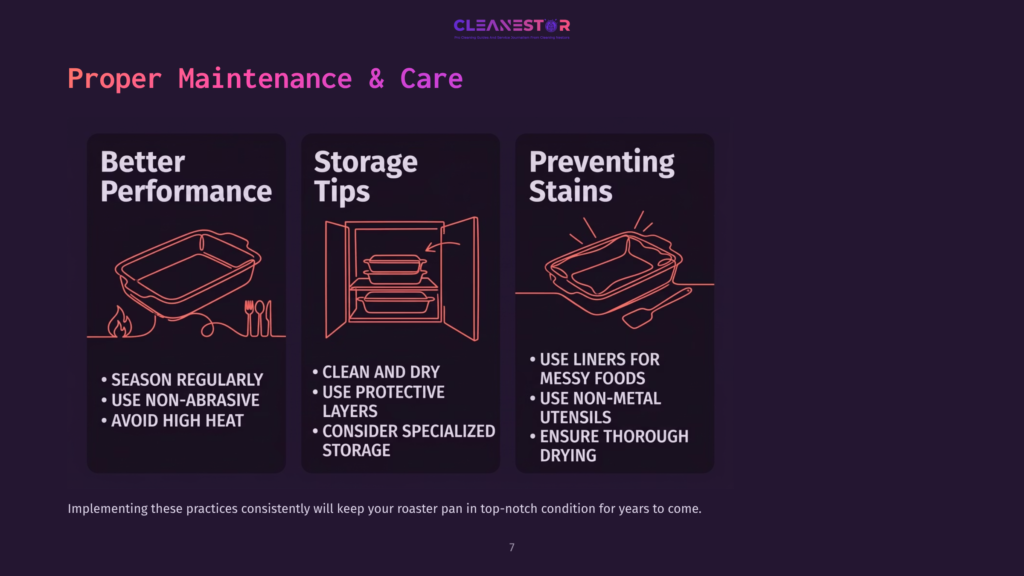 Three Sections On A Dark Background: &Quot;Proper Maintenance &Amp; Care&Quot; Features Icons For Performance, Storage Tips, And Stain Prevention In Pink Outlines.