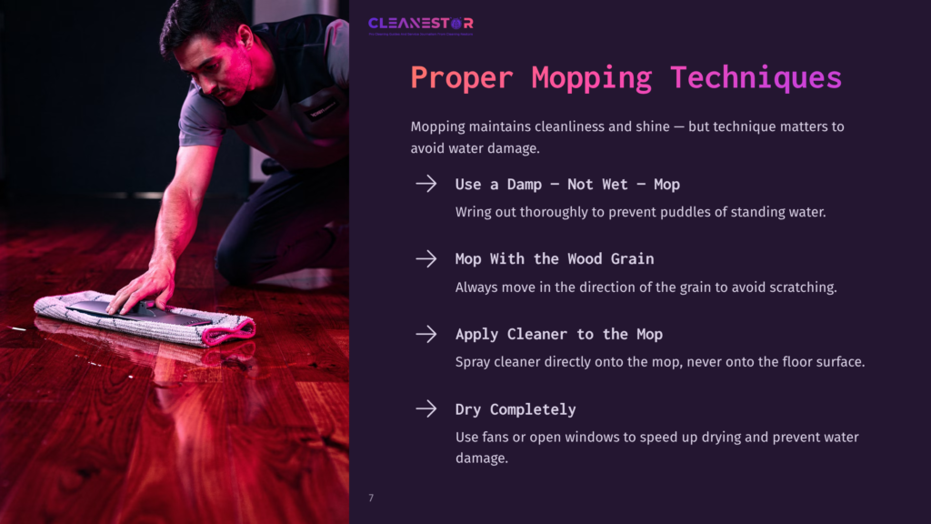 A Man Mops A Cherry Hardwood Floor With A Pink Mop, Demonstrating Proper Mopping Techniques While Surrounded By Cleaning Tips.