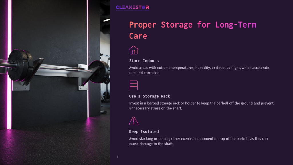 7 Proper Storage For Long Term Care Barbell On A Vertical Storage Rack With A Dark Gym Background, Highlighted By Purple And Pink Lighting Accents.