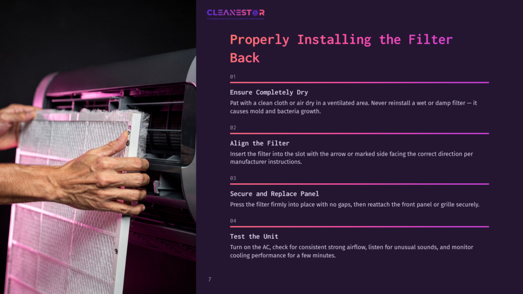 7 Properly Installing The Filter Back Close-Up Of A Person'S Hands Installing A Clean Air Filter Into An Air Conditioner Unit, With Purple Lighting Highlighting The Components And Instructions.