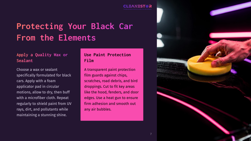 Close-Up Of A Hand With A Yellow Applicator Pad Polishing The Glossy Black Paint Of A Car, Reflecting Neon Pink And Purple Lights.