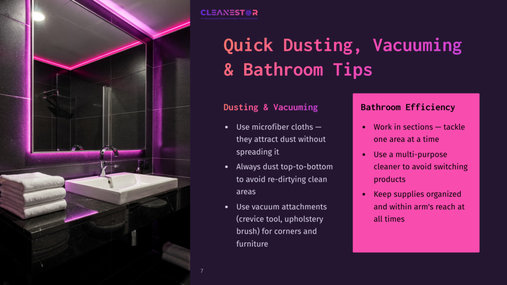 A Modern Hotel Bathroom With A Sink And Large Mirror, Lit By Pink Neon Lights, Displaying Cleaning Tips On The Side.