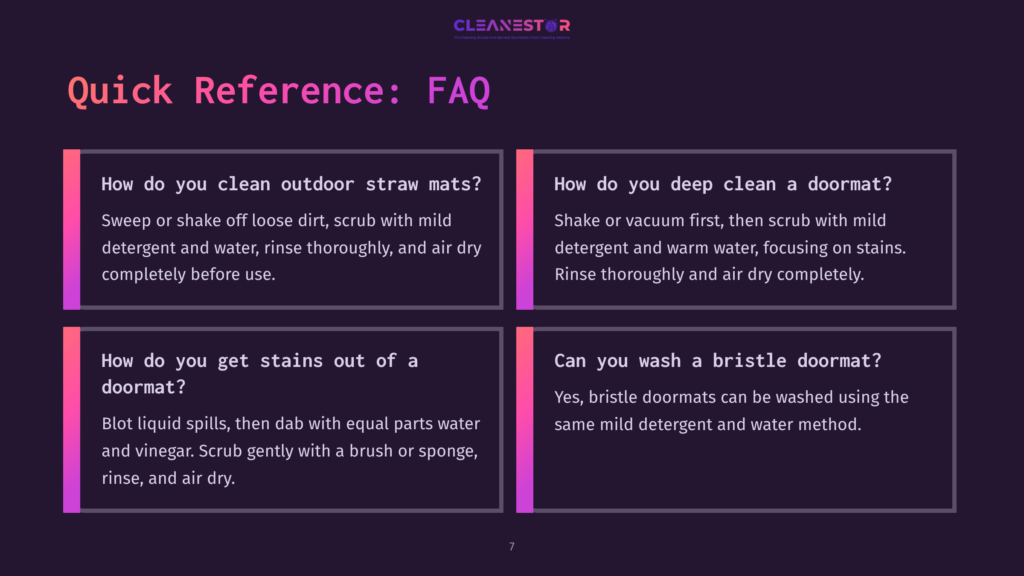 Four Rectangular Sections With Text In Purple And White, Detailing Cleaning Methods For Straw Doormats, On A Black Background.