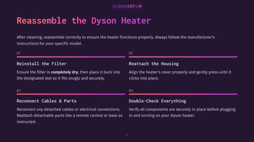 Instructions For Reassembling A Dyson Heater, Featuring Steps With Bold Headings And Purple Highlights On A Dark Background.