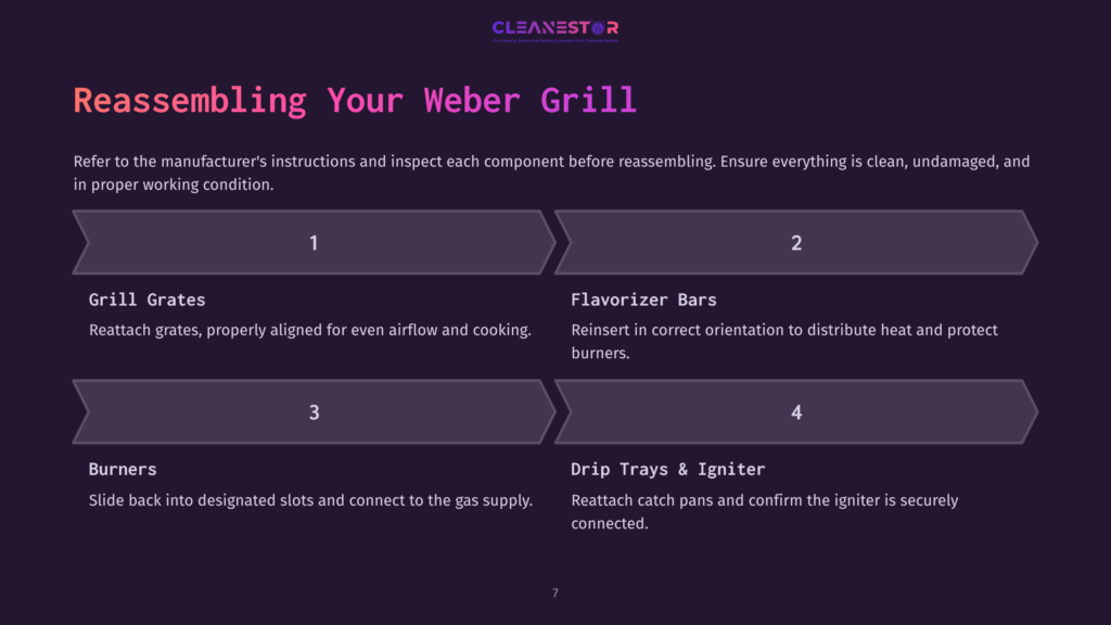 Diagram Outlining The Reassembly Of A Weber Grill, With Numbered Steps For Grill Grates, Flavorizer Bars, Burners, And Drip Trays &Amp; Igniter.