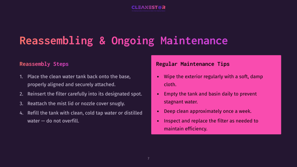 Instructions For Reassembling A Humidifier, Featuring A Checklist Format With Purple Background, White Text, And Maintenance Tips.