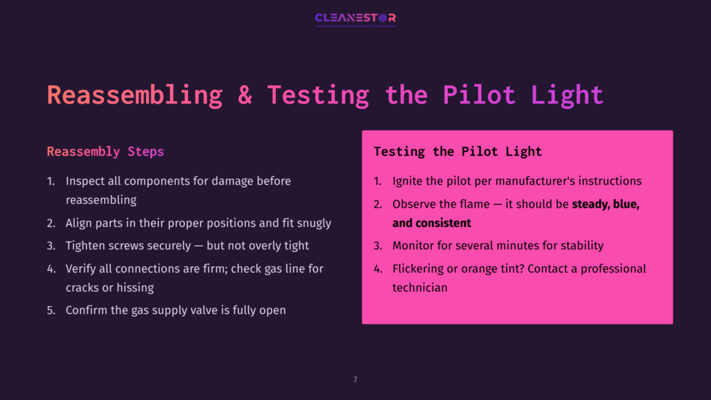 7 Reassembling And Testing The Pilot Light Presentation Slide Titled &Quot;Reassembling &Amp; Testing The Pilot Light&Quot; With Steps For Reassembly And Testing The Pilot Light, Including Checking Connections And Observing The Flame.