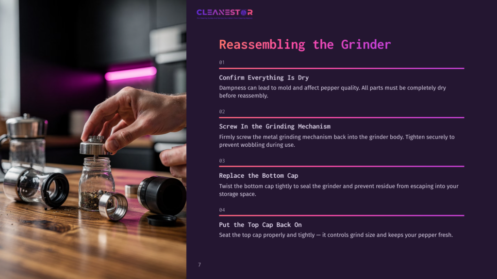 Close-Up Of Hands Reassembling A Spice Grinder, Showing The Metal Grinding Mechanism Being Screwed Back Into The Grinder Body, With Text Instructions For Reassembly.
